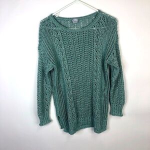Chico’s aqua semi sheer crochet sweater drop shoulder long sleeve M (Chico’s 1)